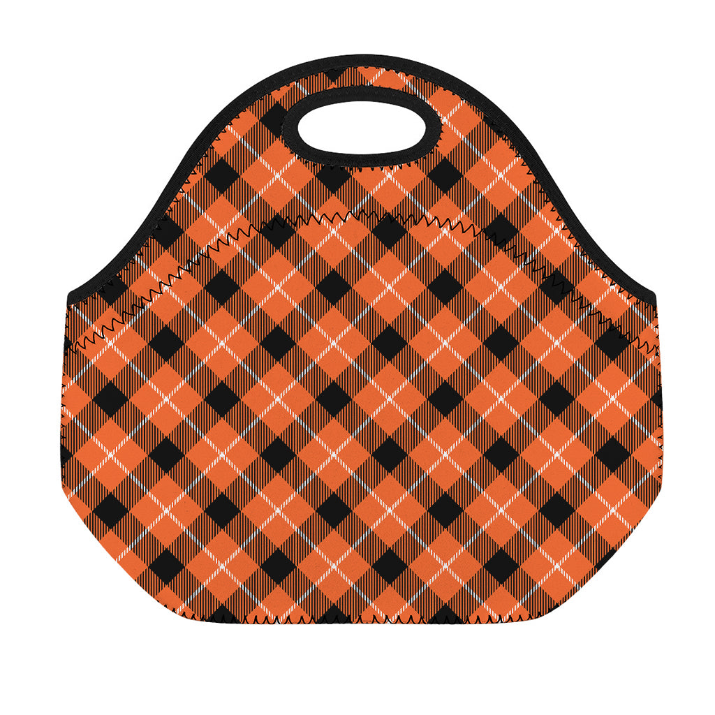 Orange Black And White Plaid Print Neoprene Lunch Bag