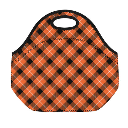 Orange Black And White Plaid Print Neoprene Lunch Bag