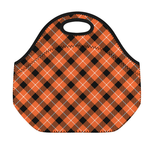 Orange Black And White Plaid Print Neoprene Lunch Bag