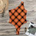Orange Black And White Plaid Print One Shoulder Bodysuit