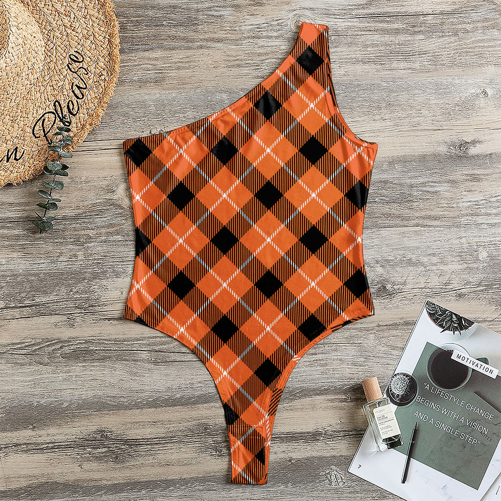 Orange Black And White Plaid Print One Shoulder Bodysuit