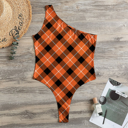 Orange Black And White Plaid Print One Shoulder Bodysuit