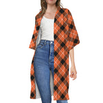 Orange Black And White Plaid Print Open Front Beach Cover Up
