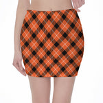 Orange Black And White Plaid Print Pencil Mini Skirt