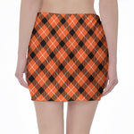 Orange Black And White Plaid Print Pencil Mini Skirt
