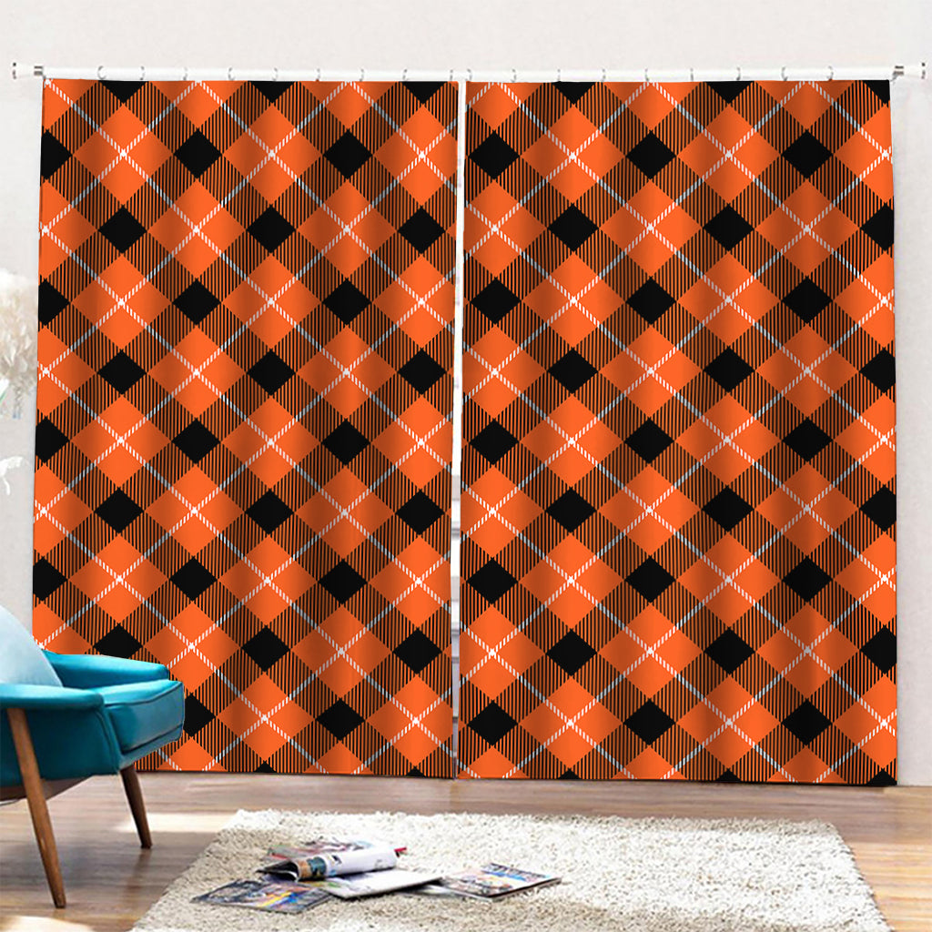 Orange Black And White Plaid Print Pencil Pleat Curtains