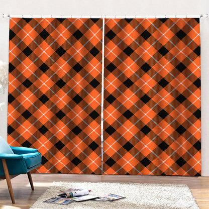 Orange Black And White Plaid Print Pencil Pleat Curtains