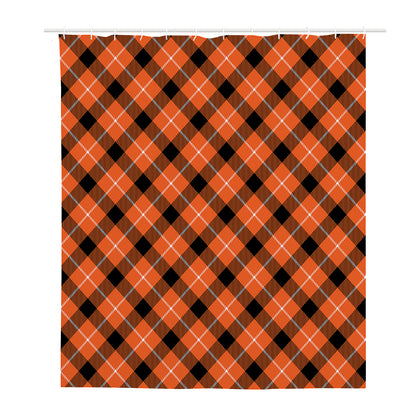 Orange Black And White Plaid Print Polyester Shower Curtain