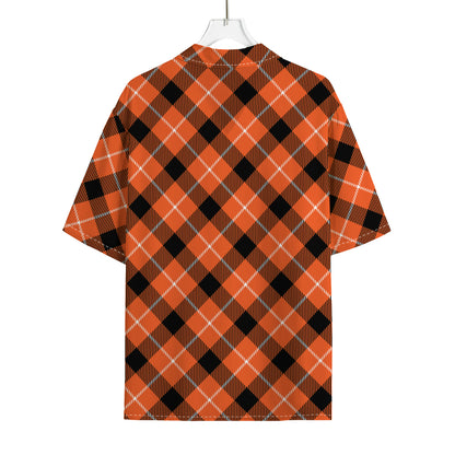 Orange Black And White Plaid Print Rayon Hawaiian Shirt