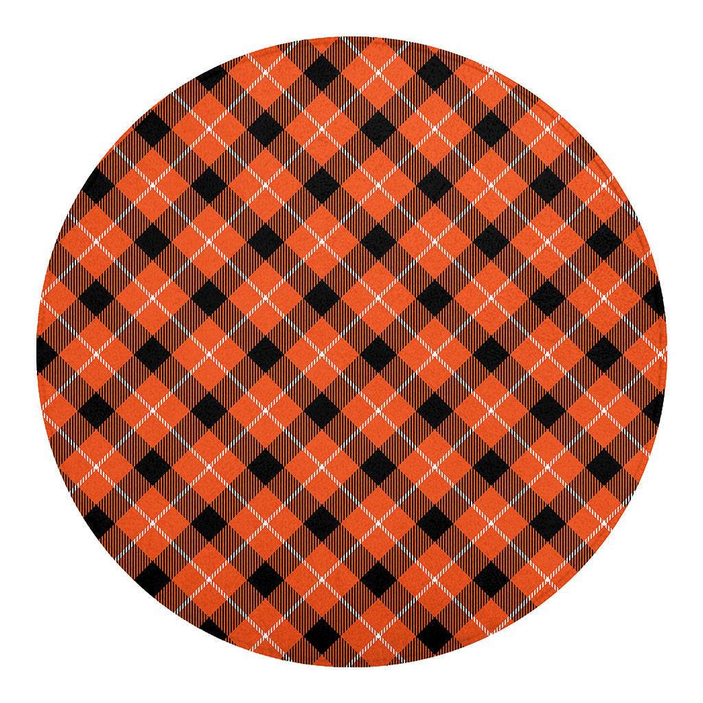 Orange Black And White Plaid Print Round Blanket