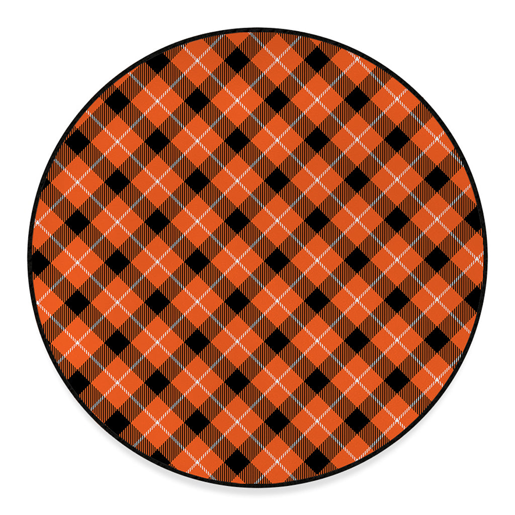 Orange Black And White Plaid Print Round Floor Mat