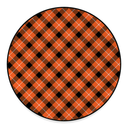 Orange Black And White Plaid Print Round Floor Mat