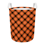 Orange Black And White Plaid Print Round Laundry Basket