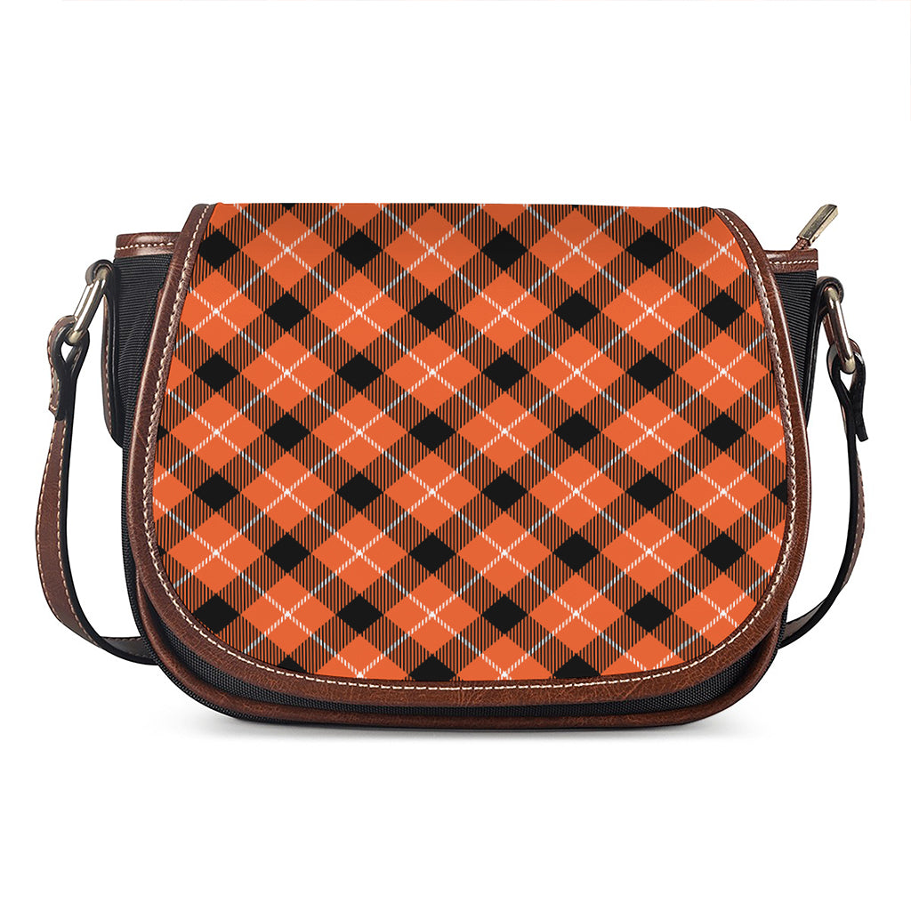Orange Black And White Plaid Print Saddle Bag