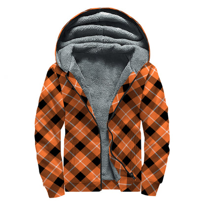 Orange Black And White Plaid Print Sherpa Lined Zip Up Hoodie