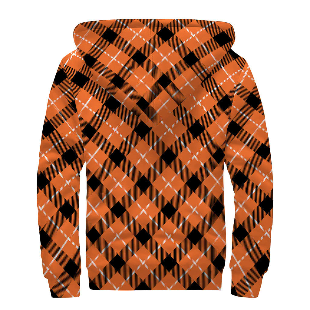 Orange Black And White Plaid Print Sherpa Lined Zip Up Hoodie
