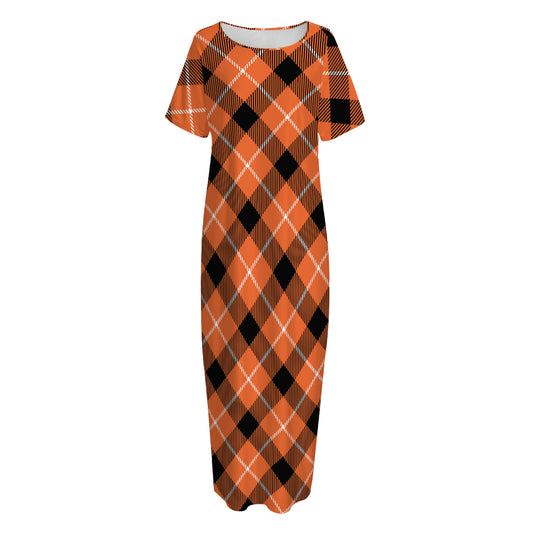 Orange Black And White Plaid Print Short Sleeve Long Nightdress