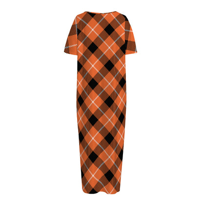 Orange Black And White Plaid Print Short Sleeve Long Nightdress