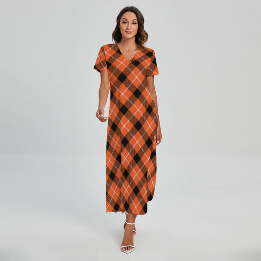 Orange Black And White Plaid Print Short Sleeve Maxi Dress