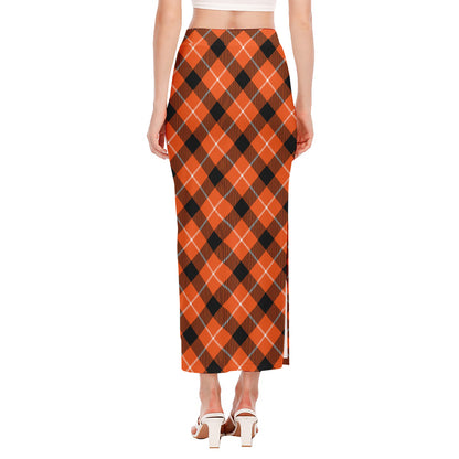 Orange Black And White Plaid Print Side Slit Maxi Skirt
