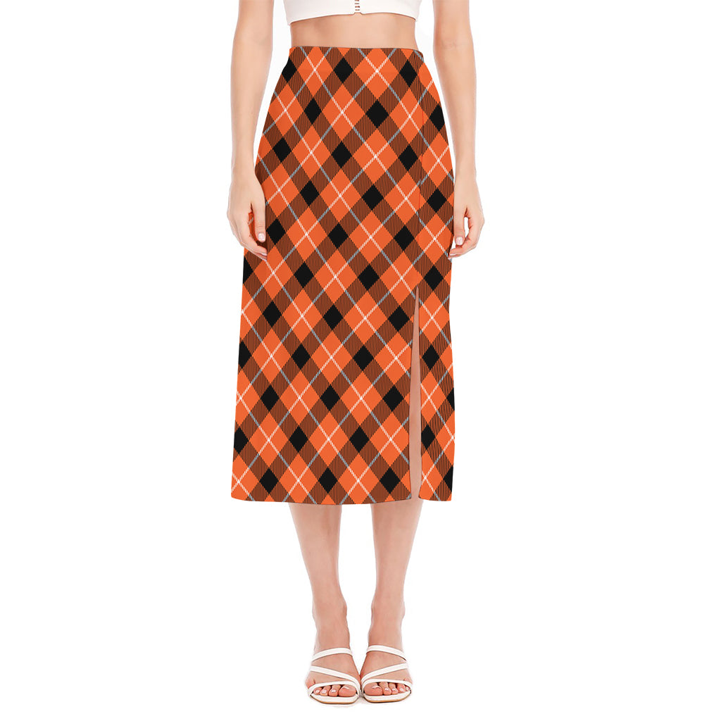Orange Black And White Plaid Print Side Slit Midi Skirt