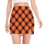 Orange Black And White Plaid Print Side Slit Mini Skirt