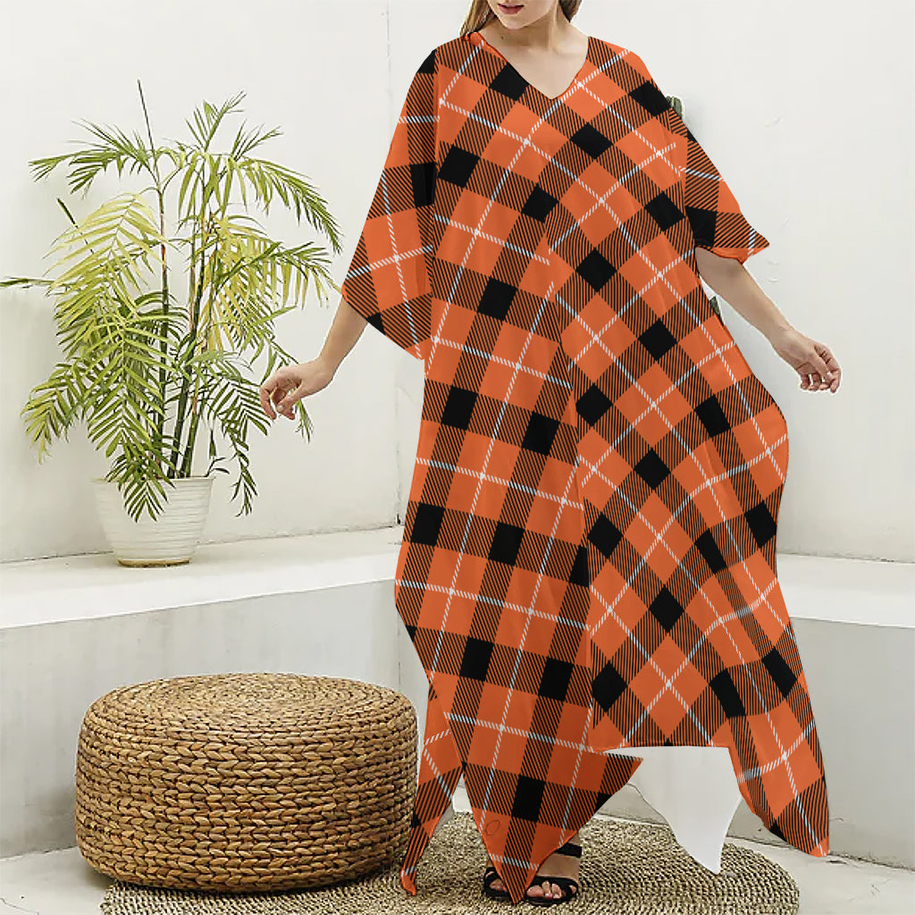 Orange Black And White Plaid Print Silk V-Neck Kaftan Dress