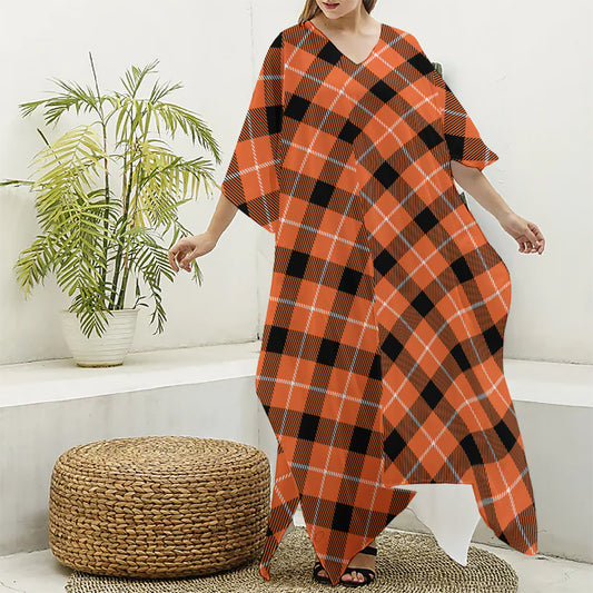Orange Black And White Plaid Print Silk V-Neck Kaftan Dress