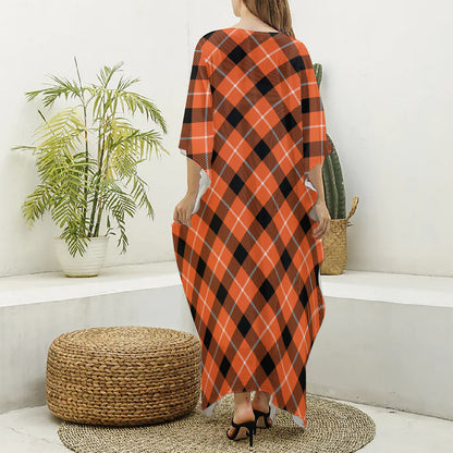 Orange Black And White Plaid Print Silk V-Neck Kaftan Dress