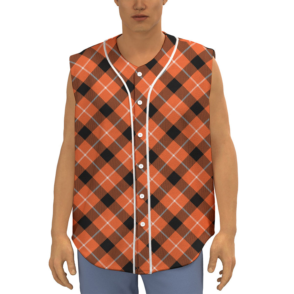 Orange Black And White Plaid Print Sleeveless Baseball Jersey