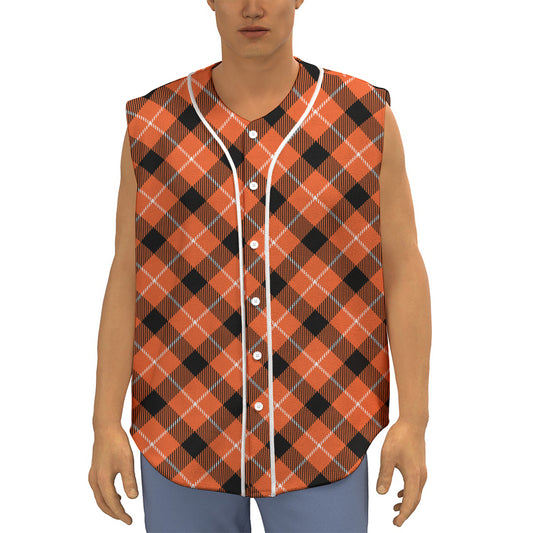 Orange Black And White Plaid Print Sleeveless Baseball Jersey