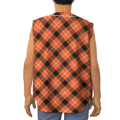 Orange Black And White Plaid Print Sleeveless Baseball Jersey