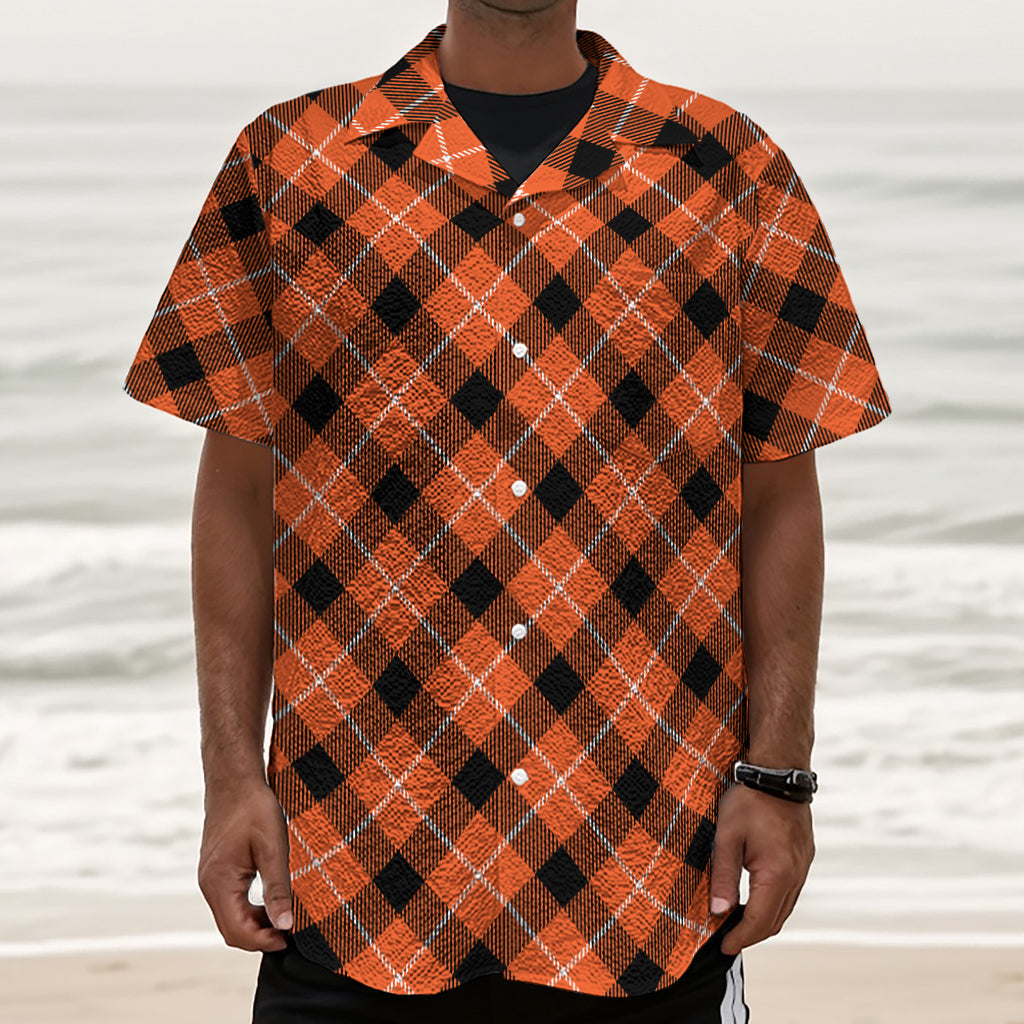 Orange Black And White Plaid Print Textured Short Sleeve Shirt