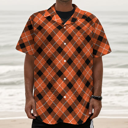 Orange Black And White Plaid Print Textured Short Sleeve Shirt