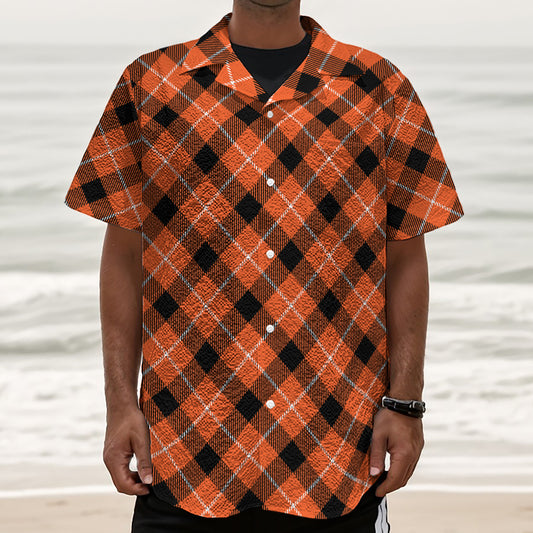 Orange Black And White Plaid Print Textured Short Sleeve Shirt