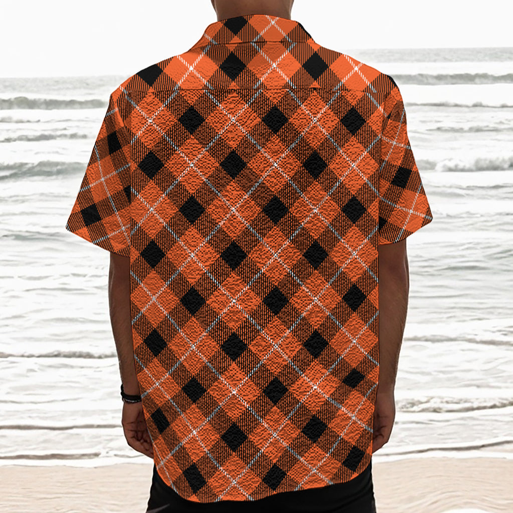 Orange Black And White Plaid Print Textured Short Sleeve Shirt
