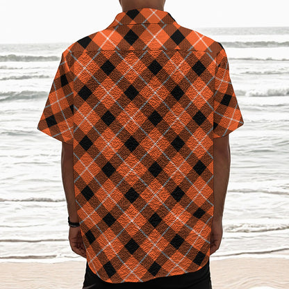 Orange Black And White Plaid Print Textured Short Sleeve Shirt