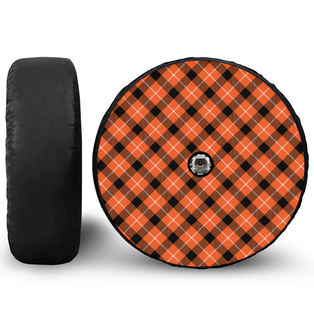 Orange Black And White Plaid Print Tire Cover With Camera Hole