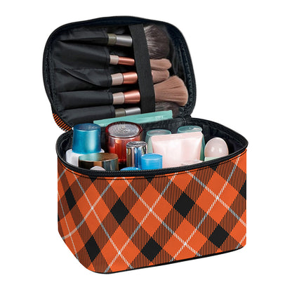 Orange Black And White Plaid Print Travel Makeup Bag