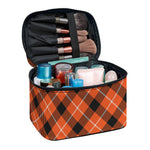 Orange Black And White Plaid Print Travel Makeup Bag
