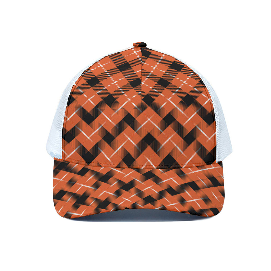 Orange Black And White Plaid Print White Mesh Trucker Cap