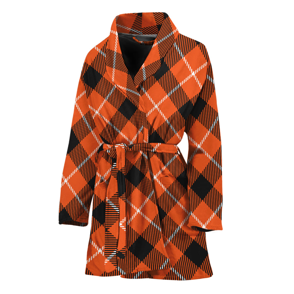 Orange Black And White Plaid Print Women's Bathrobe