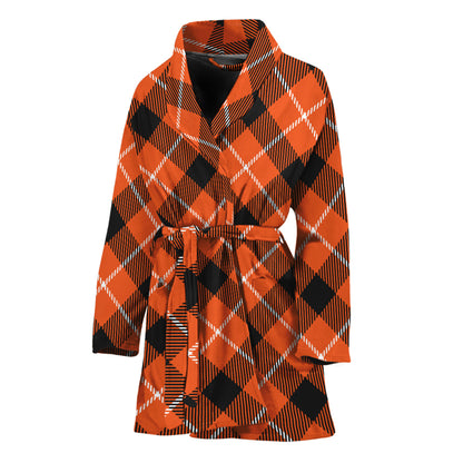 Orange Black And White Plaid Print Women's Bathrobe