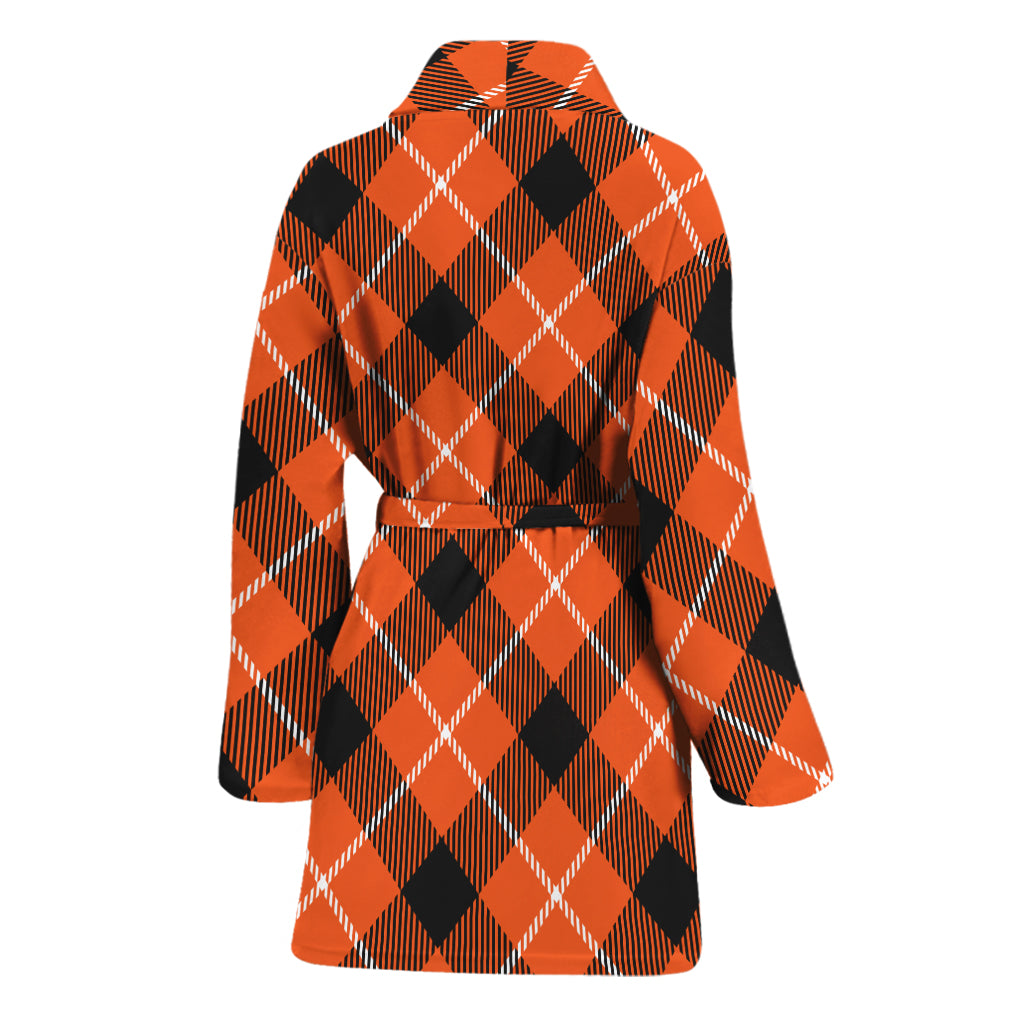 Orange Black And White Plaid Print Women's Bathrobe