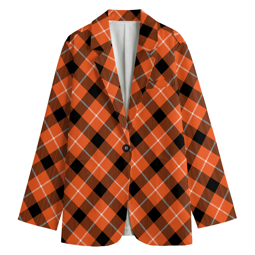 Orange Black And White Plaid Print Women's Blazer