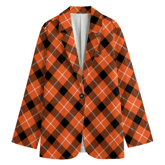Orange Black And White Plaid Print Women's Blazer