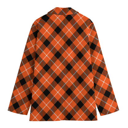 Orange Black And White Plaid Print Women's Blazer