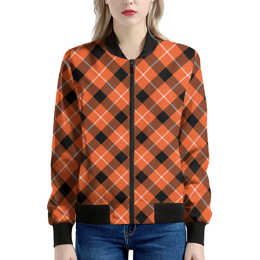 Orange Black And White Plaid Print Women's Bomber Jacket