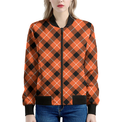 Orange Black And White Plaid Print Women's Bomber Jacket