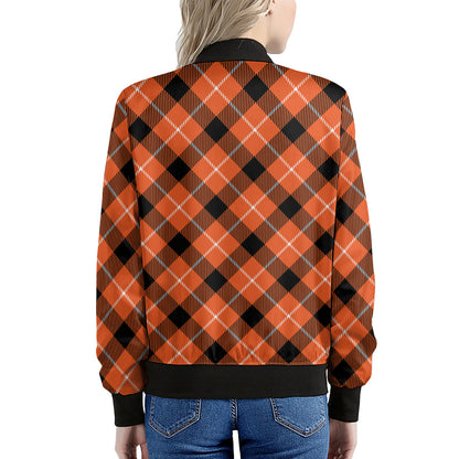 Orange Black And White Plaid Print Women's Bomber Jacket